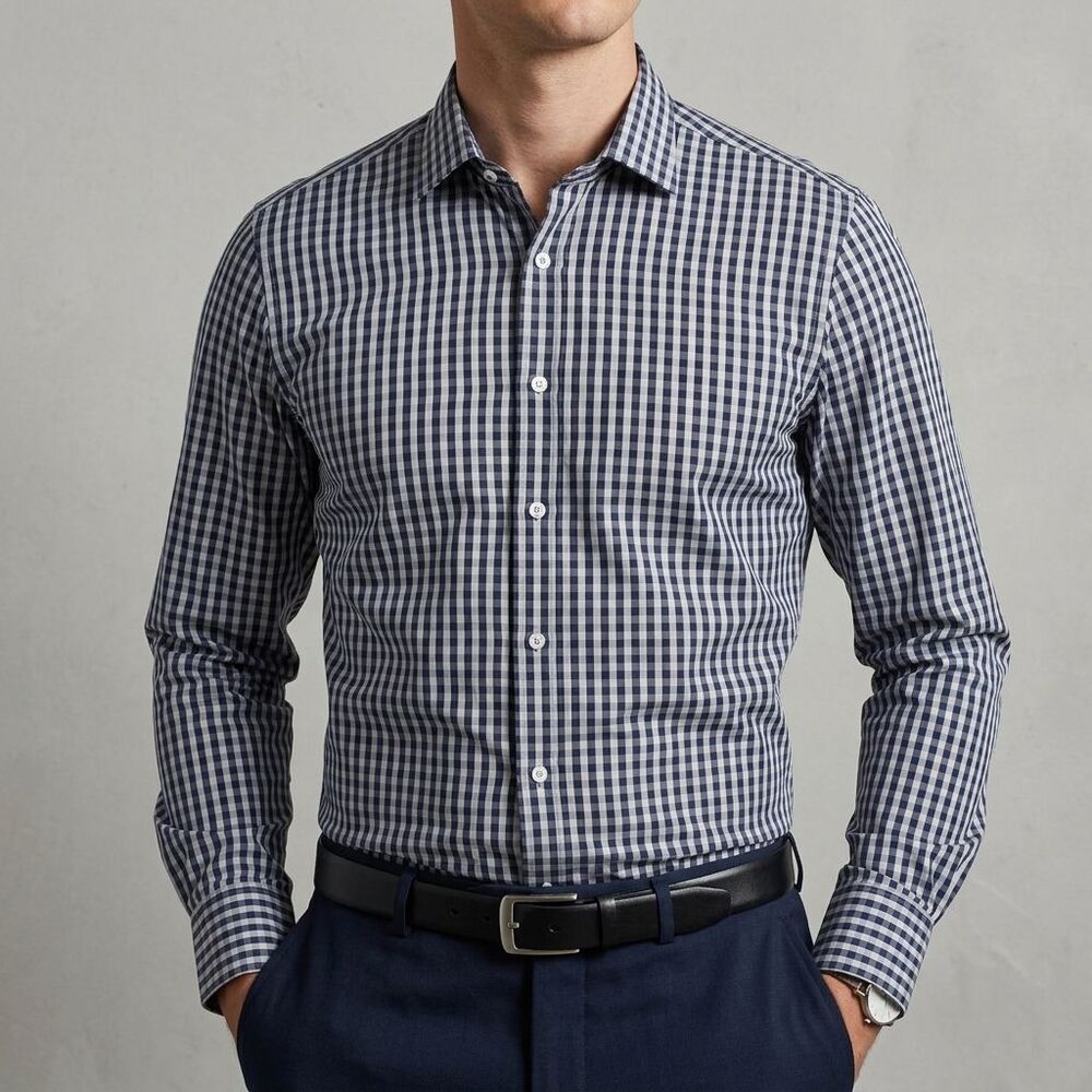 Bugatchi  Mens Large Gray Plaid Button Up Shirt Long Sleeve Classic Fit Cotton